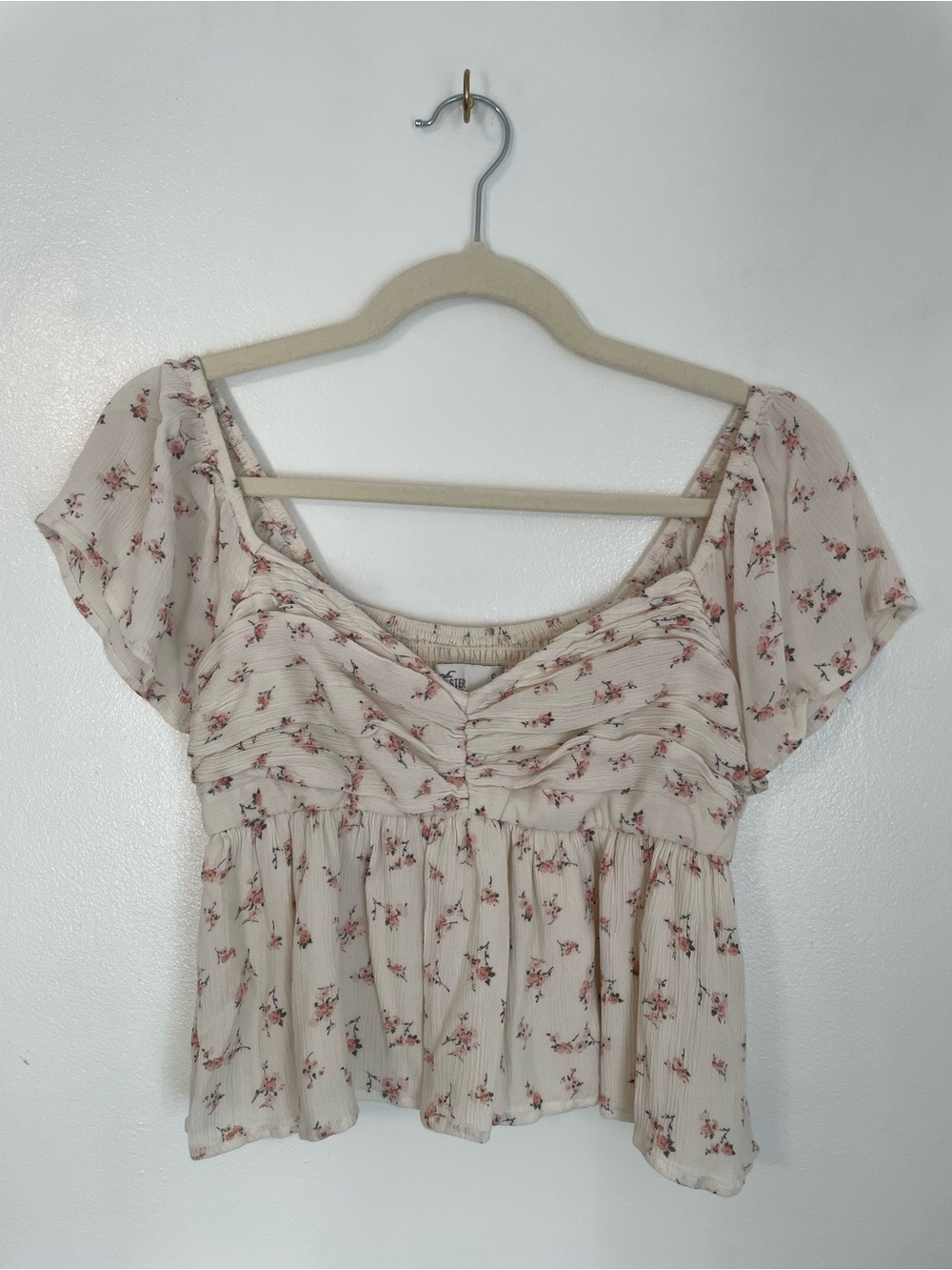 Hollister white and pink floral babydoll peplum top sweetheart neckline size sma